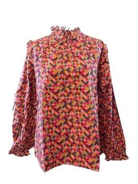 Tulip B Geometric Print Ruffle Neck Blouse Long Sleeve Top Size M NWT